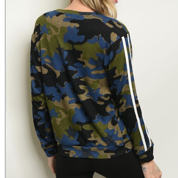 Blue & green camo sweatshirt sporty athleisure top - Picture 4 of 8
